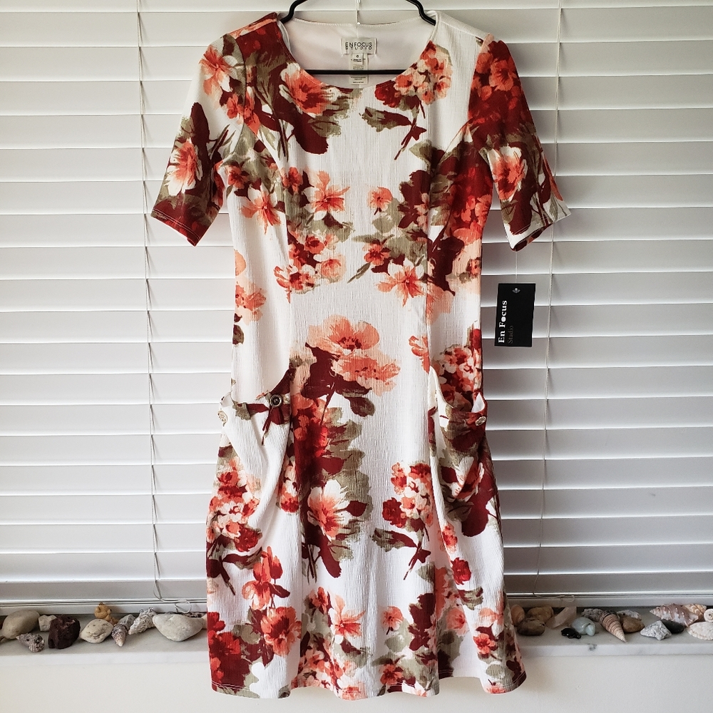 Enfocus Studio White Dress with Red and Green Floral Pattern